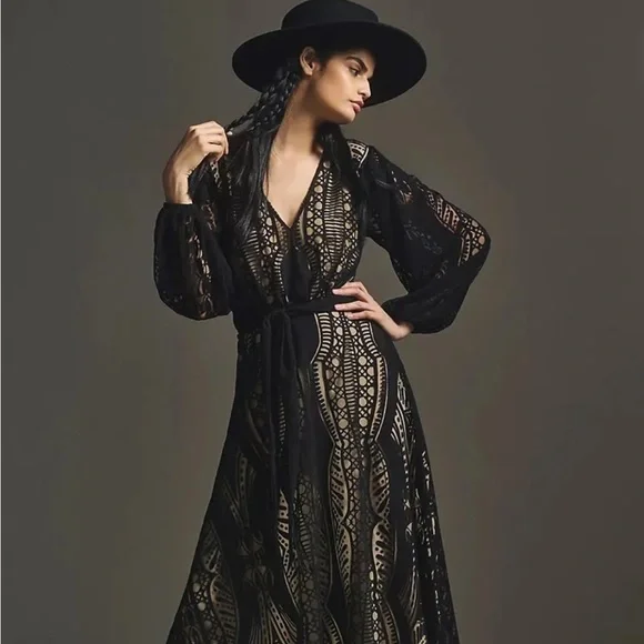 Farm Rio Anthropologie XXS NWT Devore Fringed Maxi Dress Crochet Lace Black